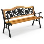 Tangkula Outdoor Garden Bench Park Bench. Patio Furniture Bench Chair with Cast Iron & Hardwood Structure. Weather Proof Porch Loveseat. Perfect for Backyard. Deck. Lawn. Poolside