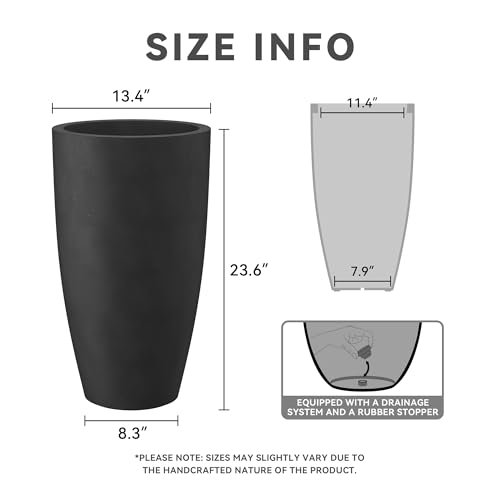 Kante 23.6 H Black Tall Planters (Set of 2). Large Outdoor Indoor Decorative Plant Pots with Drainage Hole and Rubber Plug. Modern Style for Home and Garden