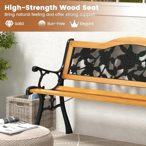 Tangkula Outdoor Garden Bench Park Bench. Patio Furniture Bench Chair with Cast Iron & Hardwood Structure. Weather Proof Porch Loveseat. Perfect for Backyard. Deck. Lawn. Poolside