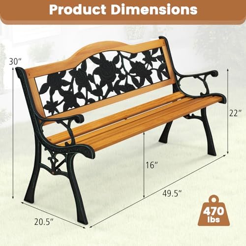 Tangkula Outdoor Garden Bench Park Bench. Patio Furniture Bench Chair with Cast Iron & Hardwood Structure. Weather Proof Porch Loveseat. Perfect for Backyard. Deck. Lawn. Poolside