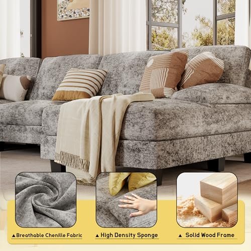 JUMMICO Sectional Couches for Living Room. U Shaped Couch with Chenille Fabric. 4 Seat Modern Sofa with Removable Pillows for Apartment and Small Space (Fabric. Grey)