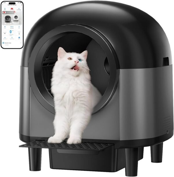 Automatic Cat Litter Box Self Cleaning.Smart Litter Box with 10 Safety Sensor Radars.100L Electric Cat Litter Boxes with Stairs for Multiple Cats.APP-Control.Advanced Odor Control OMCPET-BLACK