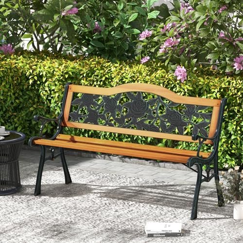 Tangkula Outdoor Garden Bench Park Bench. Patio Furniture Bench Chair with Cast Iron & Hardwood Structure. Weather Proof Porch Loveseat. Perfect for Backyard. Deck. Lawn. Poolside